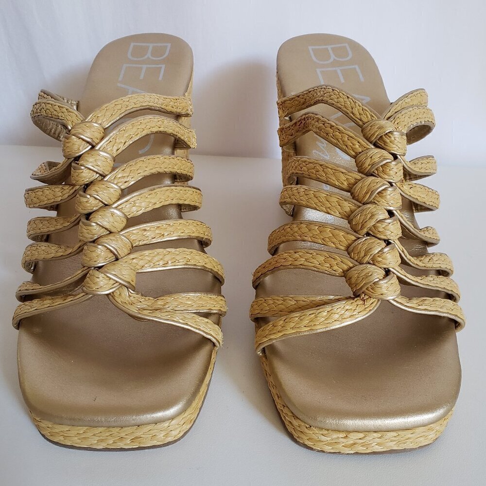 Beach by Matisse - Rattan and Gold 3 1/2" Wedge Slip Ons. Size 9